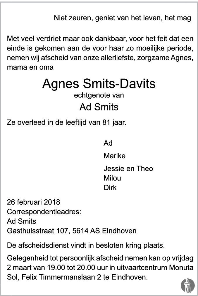 Overlijdensbericht van Agnes Smits - Davits in Eindhovens Dagblad