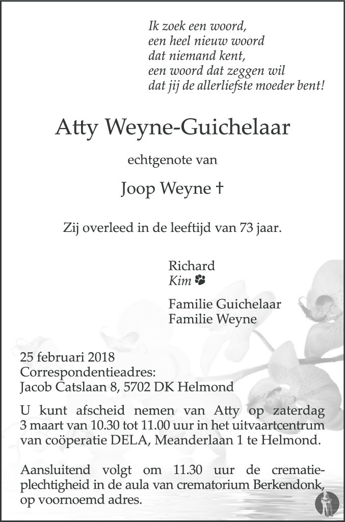 Overlijdensbericht van Atty Weyne - Guichelaar in Eindhovens Dagblad