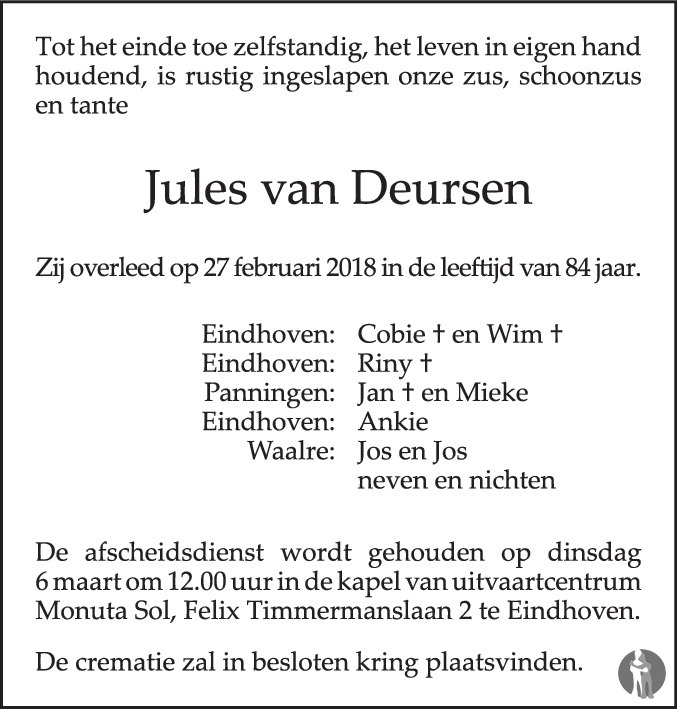 Overlijdensbericht van Jules van Deursen in Eindhovens Dagblad