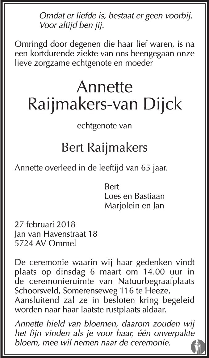Overlijdensbericht van Annette Raijmakers - van Dijck in Eindhovens Dagblad