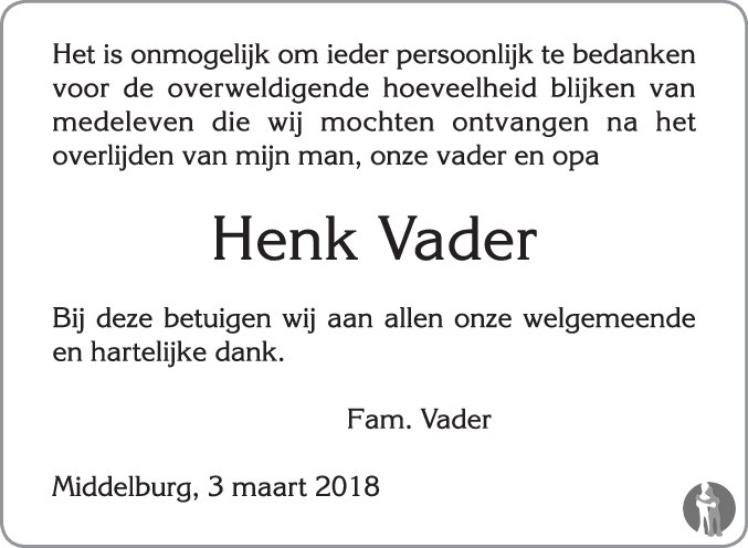 Hendrik Vader 01-12-2017 overlijdensbericht en condoleances - Mensenlinq.nl