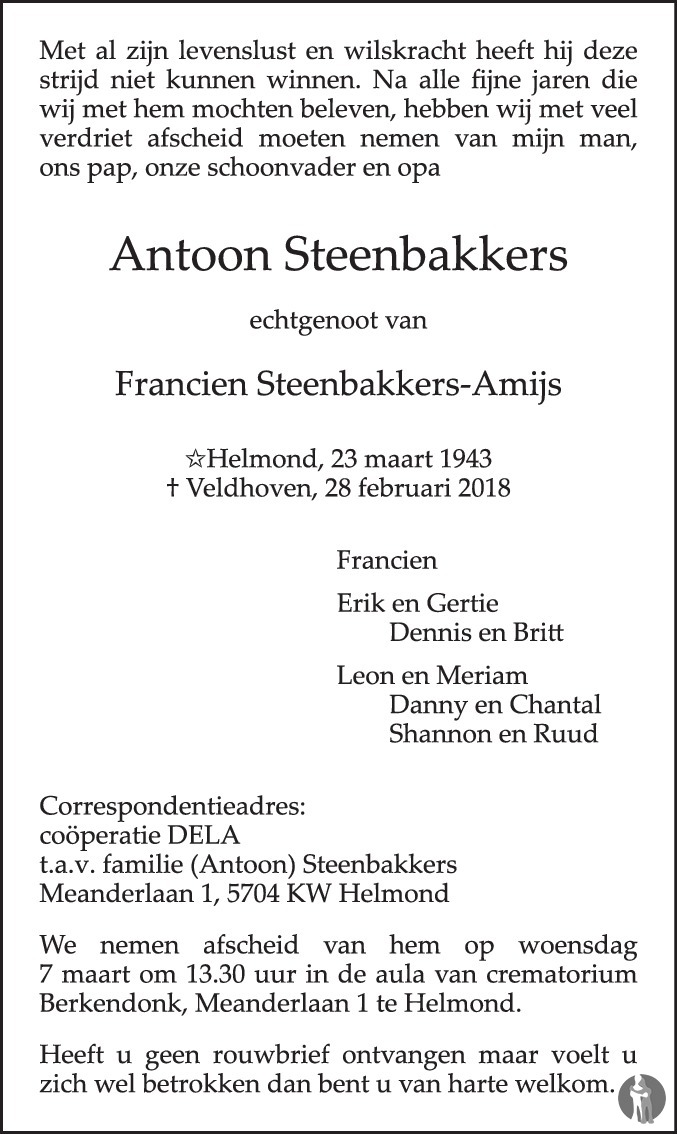 Overlijdensbericht van Antoon Steenbakkers in Eindhovens Dagblad