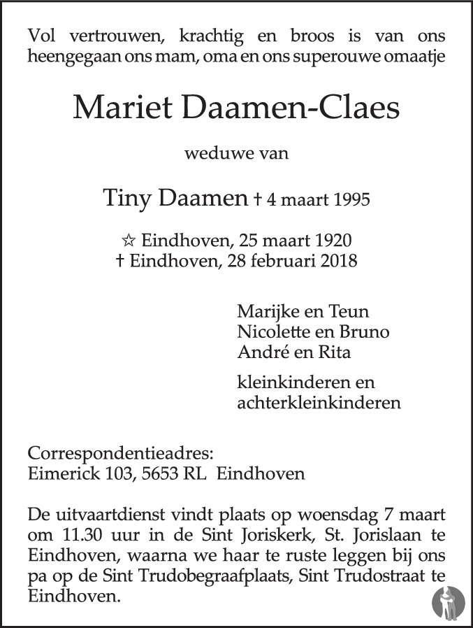 Overlijdensbericht van Mariet Daamen - Claes in Eindhovens Dagblad