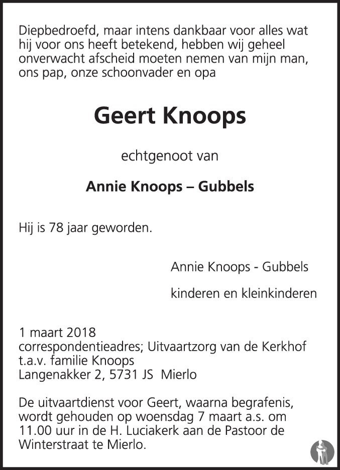 Overlijdensbericht van Geert Knoops in Eindhovens Dagblad