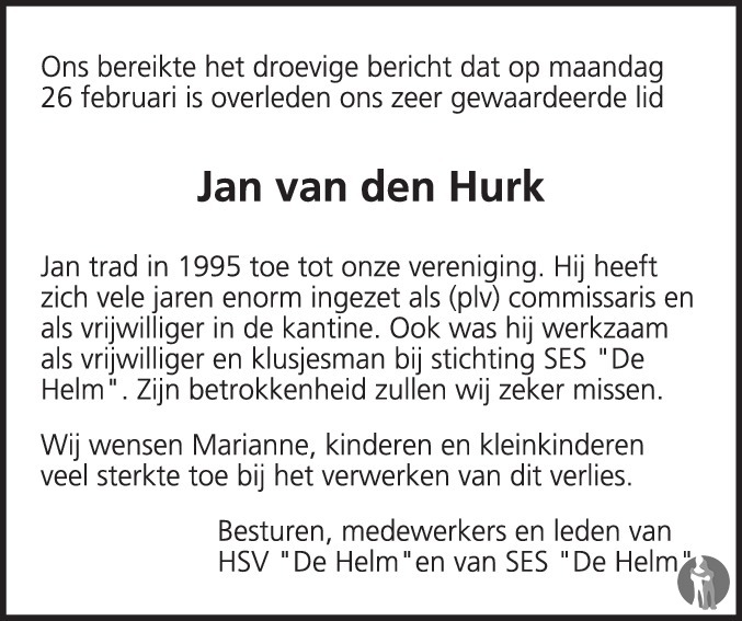 Overlijdensbericht van Johannes Franciscus (Jan) van den Hurk in Eindhovens Dagblad