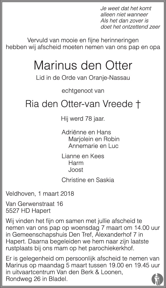 Overlijdensbericht van Marinus den Otter in Eindhovens Dagblad
