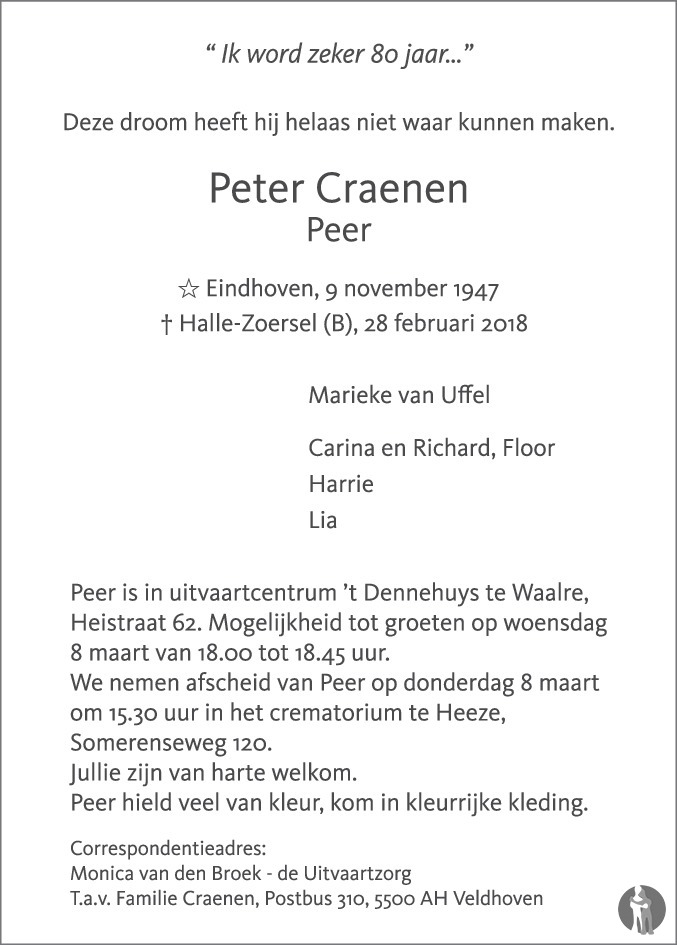 Overlijdensbericht van Peter (Peer) Craenen in Eindhovens Dagblad