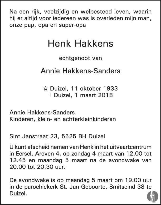 Overlijdensbericht van Henk Hakkens in Eindhovens Dagblad