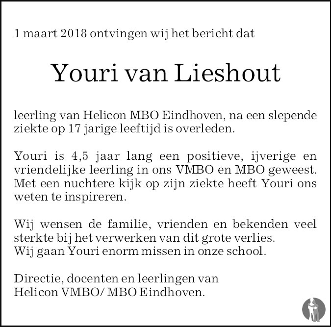 Overlijdensbericht van Youri van Lieshout in Eindhovens Dagblad