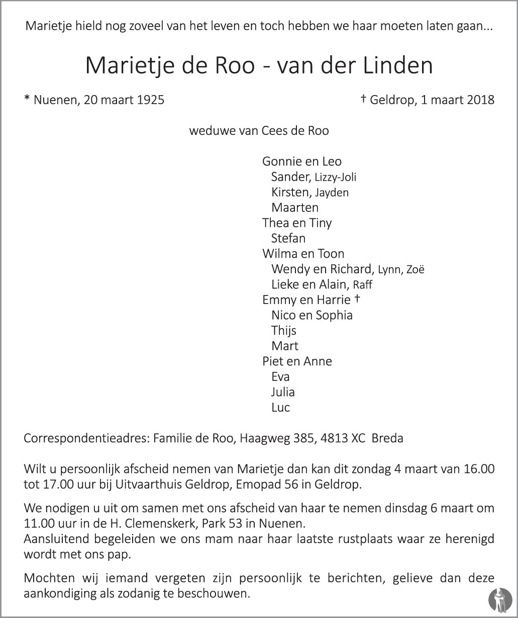 Overlijdensbericht van Marietje de Roo - van der Linde in Eindhovens Dagblad