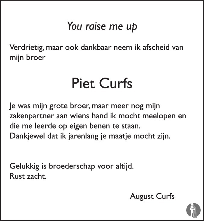 Overlijdensbericht van Piet Curfs in Eindhovens Dagblad