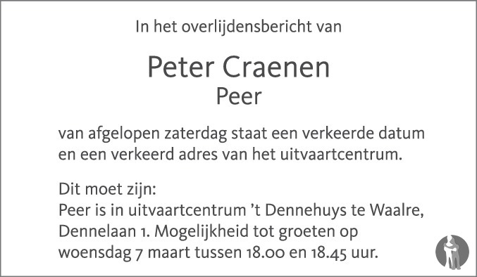 Overlijdensbericht van Peter (Peer) Craenen in Eindhovens Dagblad