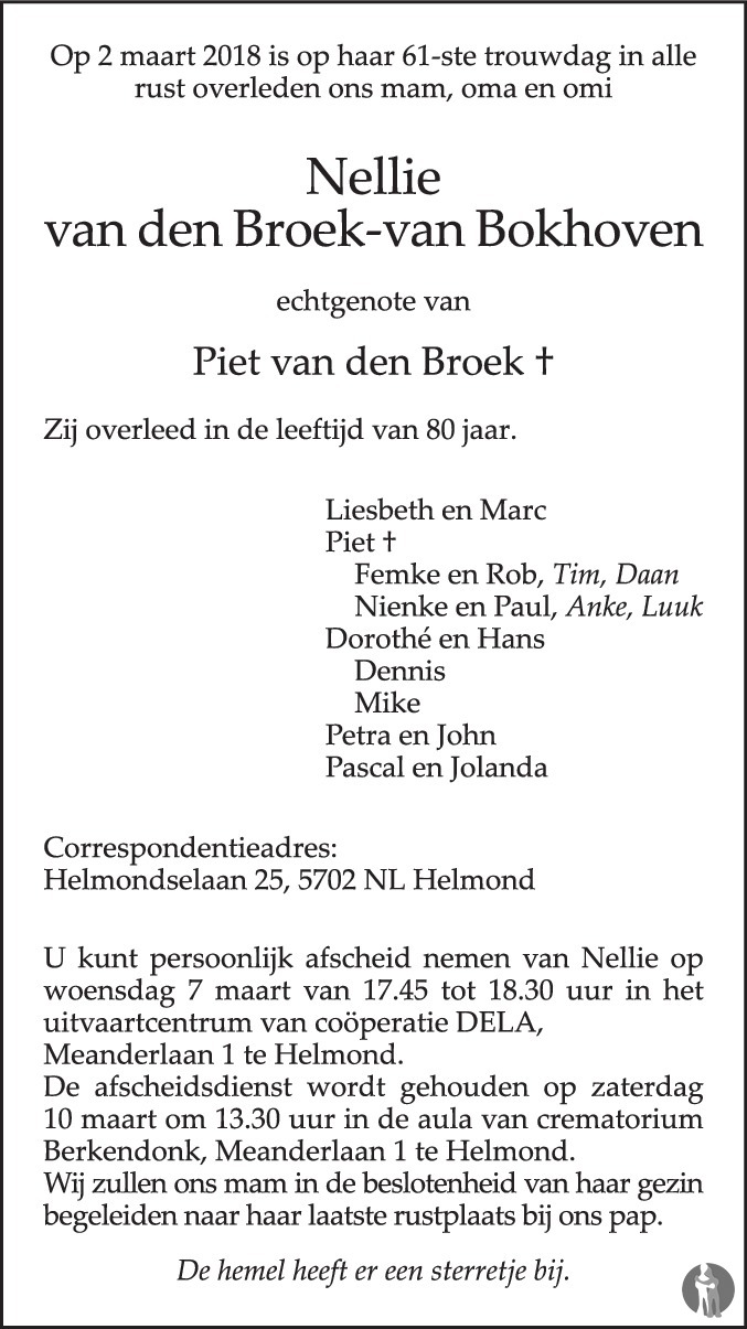 Overlijdensbericht van Nellie van den Broek - van Bokhoven in Eindhovens Dagblad
