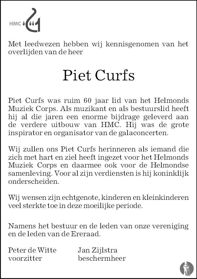 Overlijdensbericht van Piet Curfs in Eindhovens Dagblad