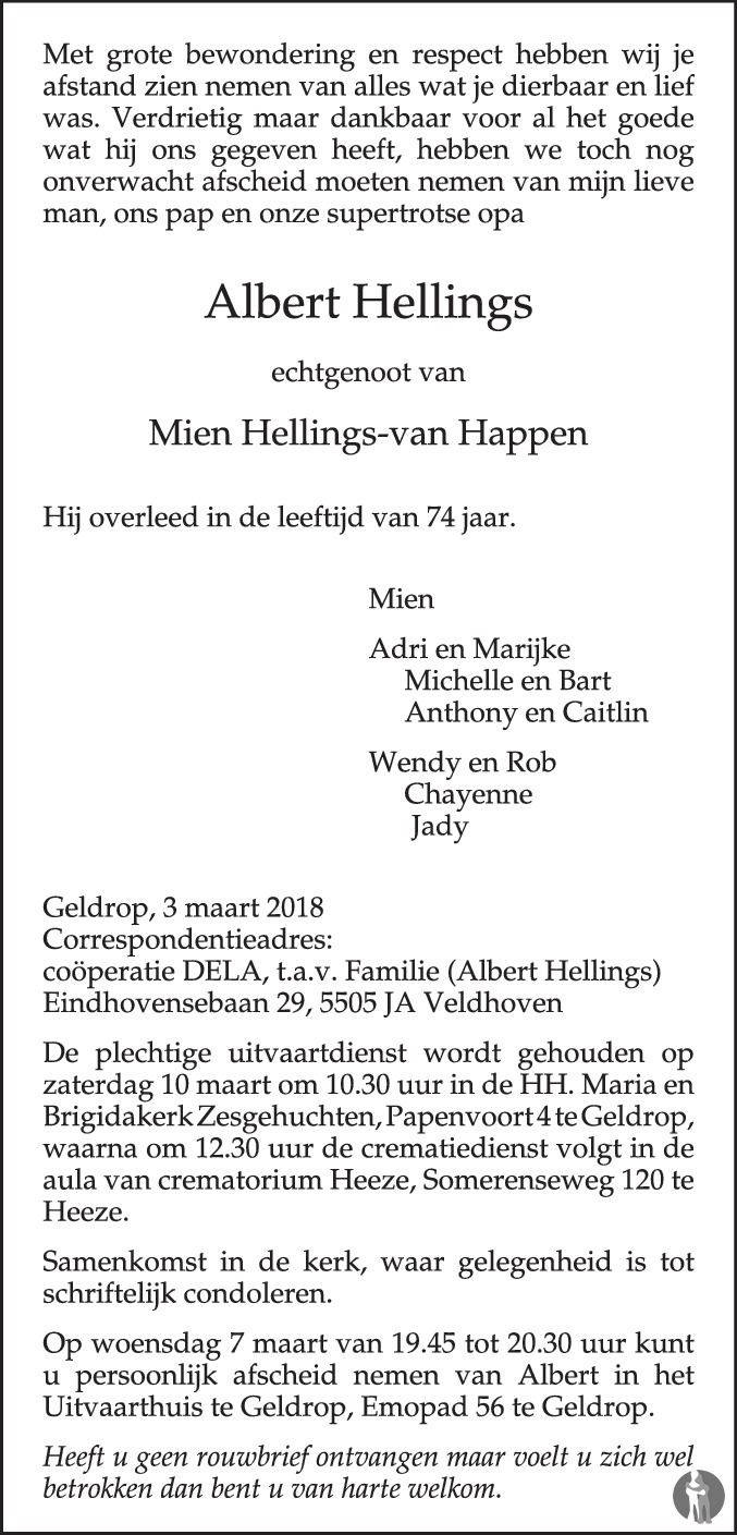 Overlijdensbericht van Albert Hellings in Eindhovens Dagblad