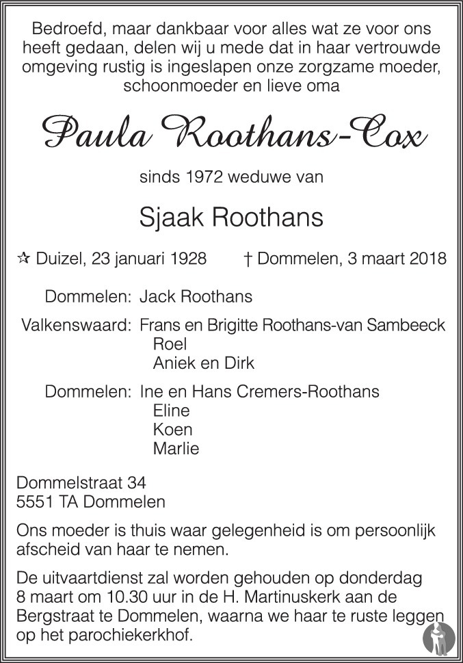 Overlijdensbericht van Paula Roothans - Cox in Eindhovens Dagblad