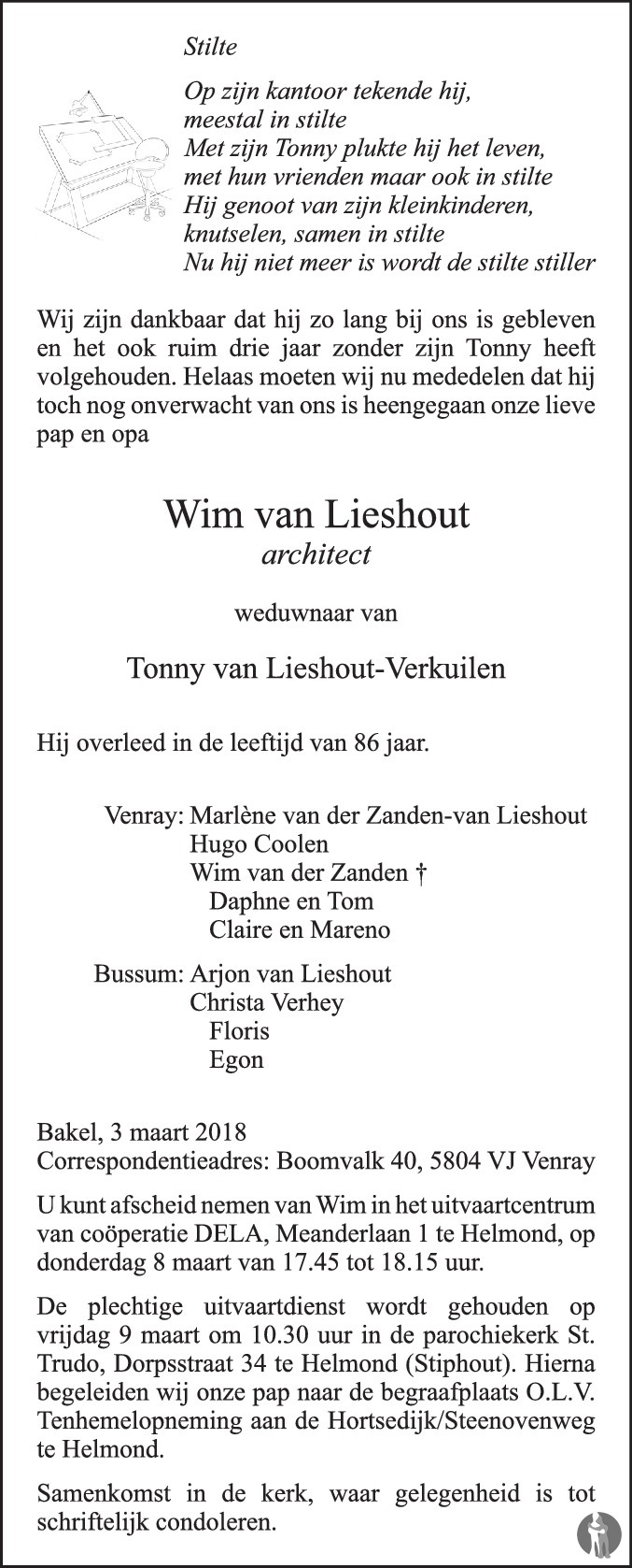 Overlijdensbericht van Wim van Lieshout in Eindhovens Dagblad