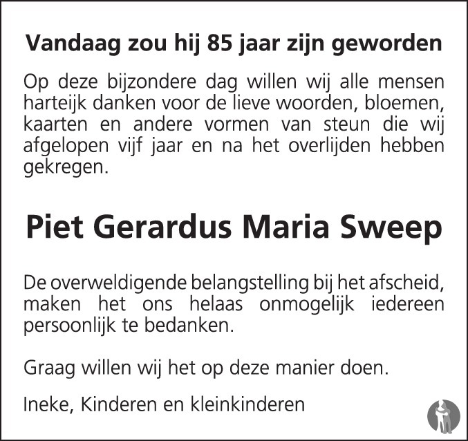 Overlijdensbericht van Piet Gerardus Maria Sweep in Eindhovens Dagblad