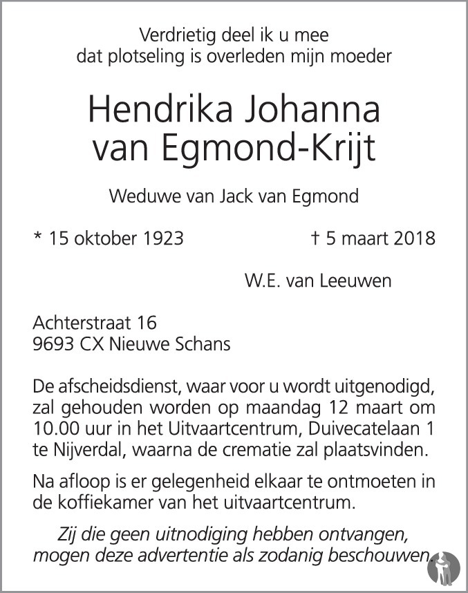 Hendrika Johanna van Egmond Krijt 05032018 overlijdensbericht en