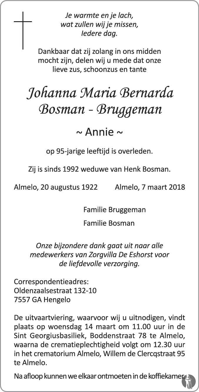 Overlijdensbericht van Johanna Maria Bernarda (Annie) Bosman - Bruggeman in Tubantia
