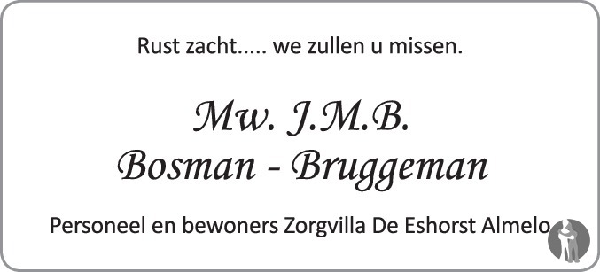 Overlijdensbericht van Johanna Maria Bernarda (Annie) Bosman - Bruggeman in Tubantia