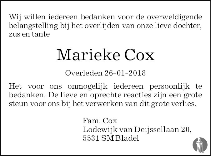 Overlijdensbericht van Marieke Cox in Eindhovens Dagblad