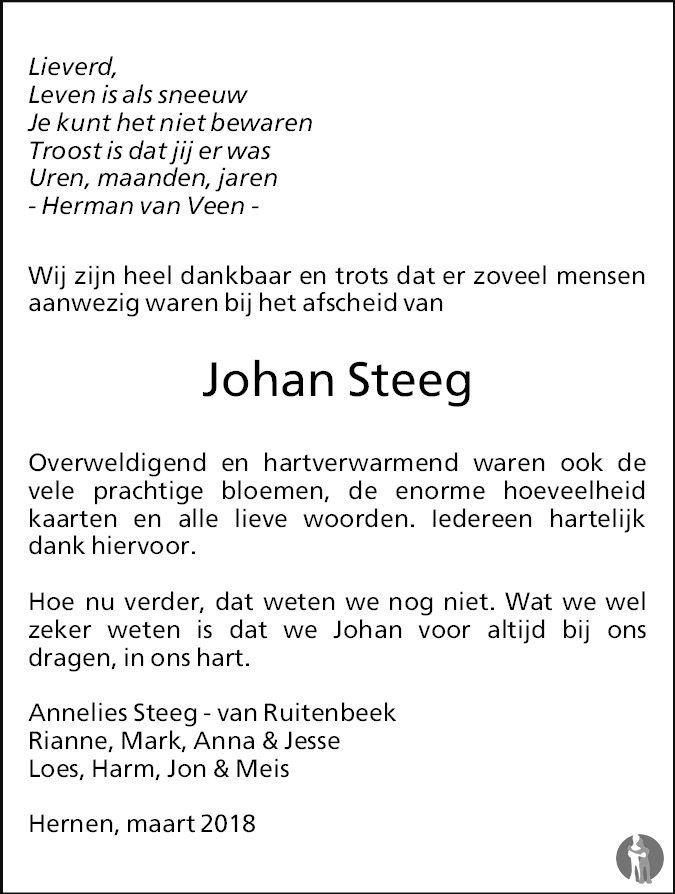 Overlijdensbericht van Johan  Steeg in de Gelderlander