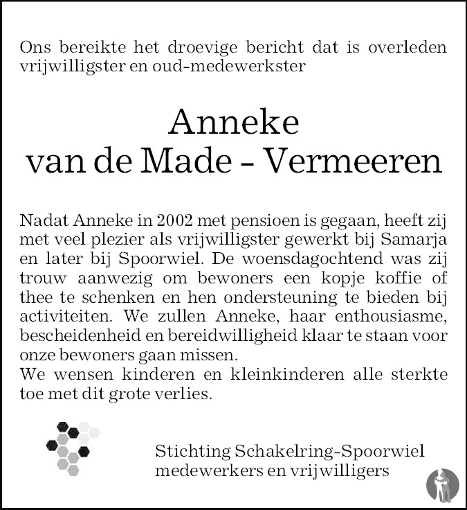 Anneke Annie Van De Made Vermeeren Overlijdensbericht En Condoleances Mensenlinq Nl