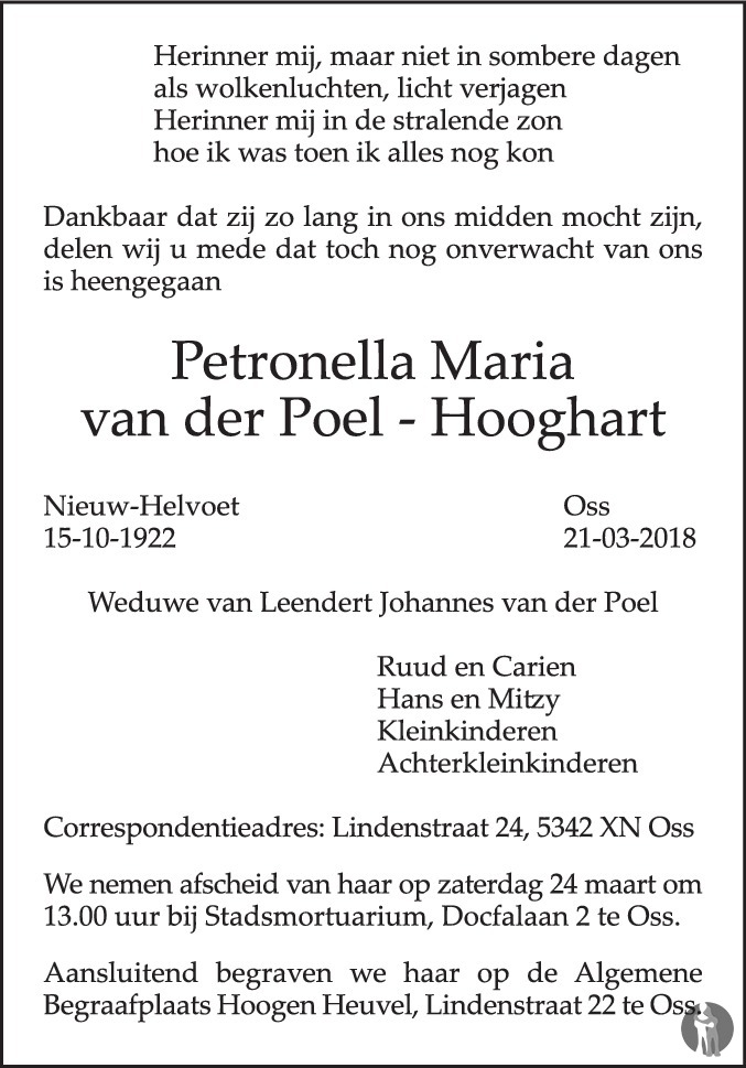 Petronella Maria Van Der Poel - Hooghart 21-03-2018 Overlijdensbericht ...