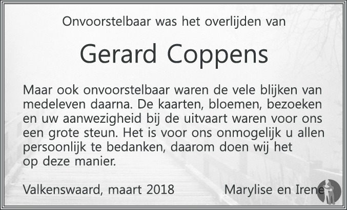 Overlijdensbericht van Gerardus Theodorus Christianus Maria (Gerard) Coppens in Eindhovens Dagblad