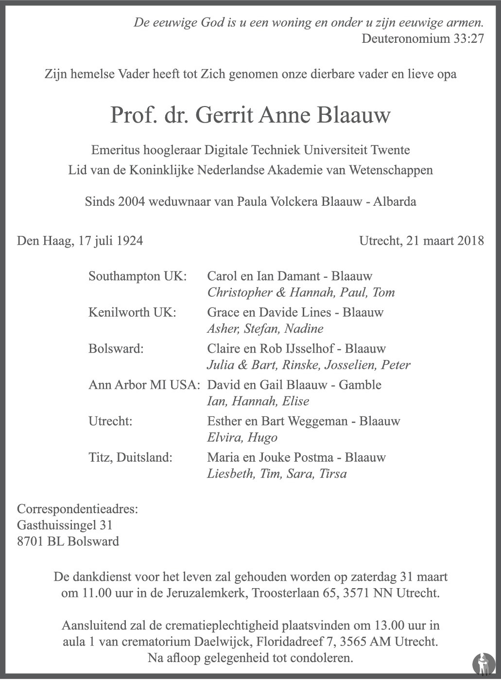 Overlijdensbericht van Prof. dr. Gerrit Anne Blaauw in Tubantia