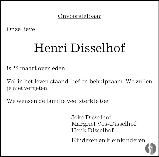 Hendrik (Henri) Disselhof 22032018 overlijdensbericht en condoleances