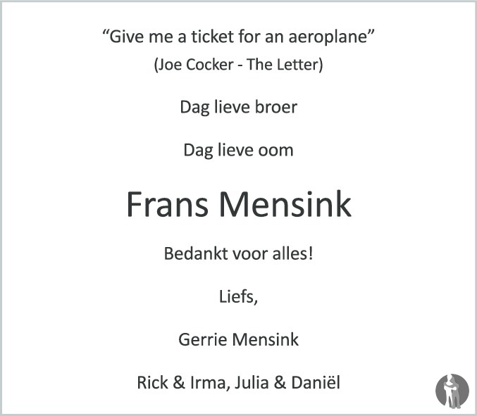 Frans Mensink 28032018 overlijdensbericht en condoleances Mensenlinq.nl