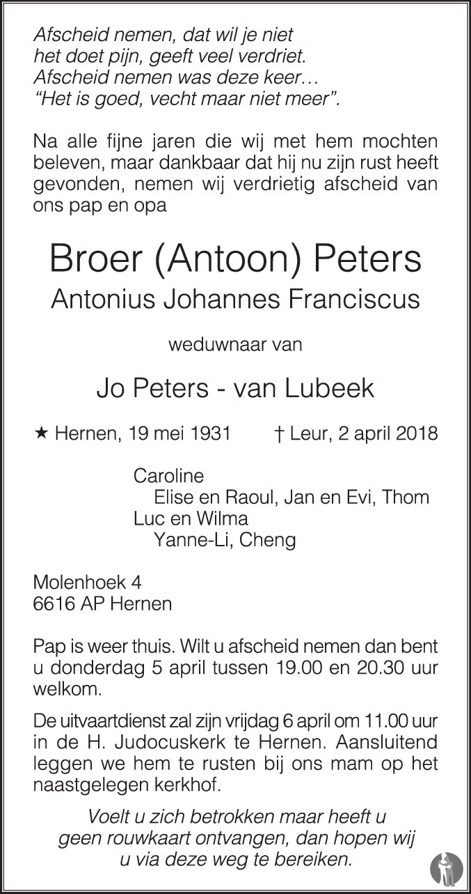 Overlijdensbericht van Antonius Johannes Franciscus (Broer, Antoon)  Peters in de Gelderlander