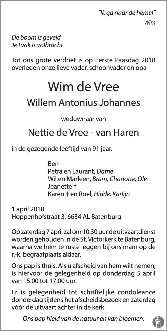 Overlijdensbericht van Willem Antonius Johannes (Wim) de Vree in de Gelderlander