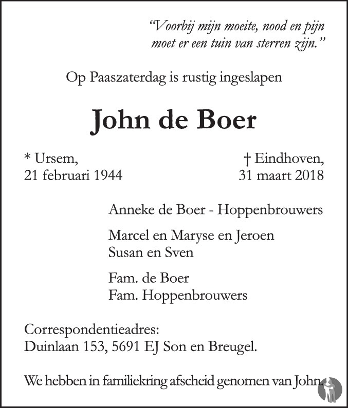 John de Boer 31-03-2018 overlijdensbericht en condoleances - Mensenlinq.nl