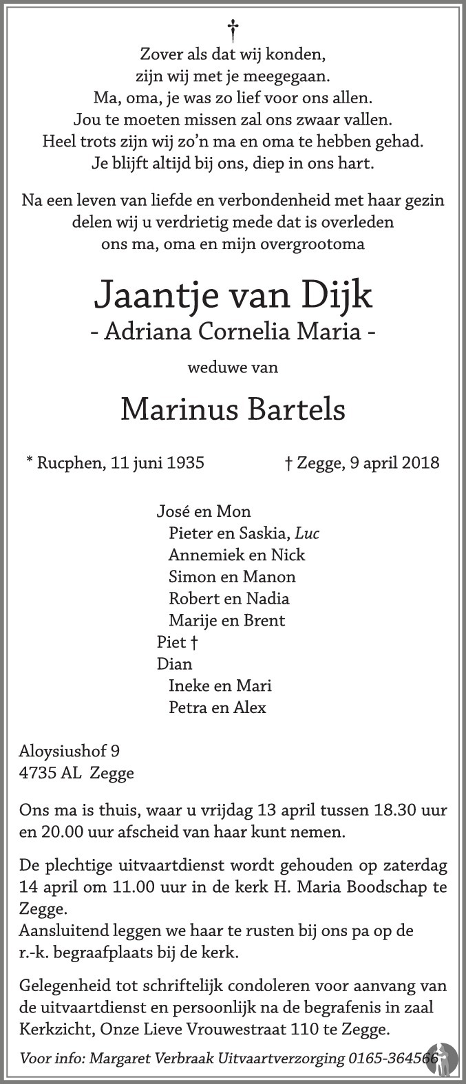 Overlijdensbericht van Adriana Cornelia Maria (Jaantje) Bartels - van Dijk in BN DeStem