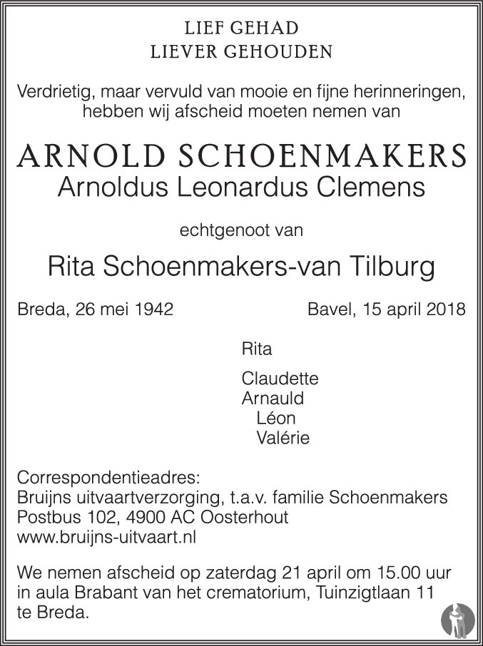 Arnoldus Leonardus Clemens (Arnold) Schoenmakers 15042018
