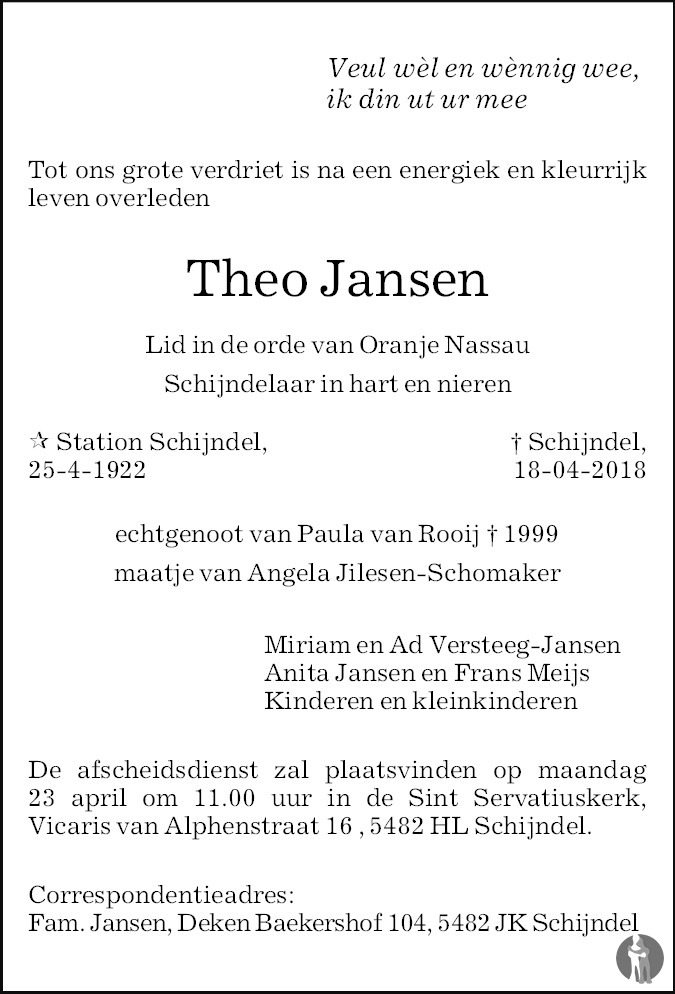 Theo Jansen 18-04-2018 overlijdensbericht en condoleances - Mensenlinq.nl