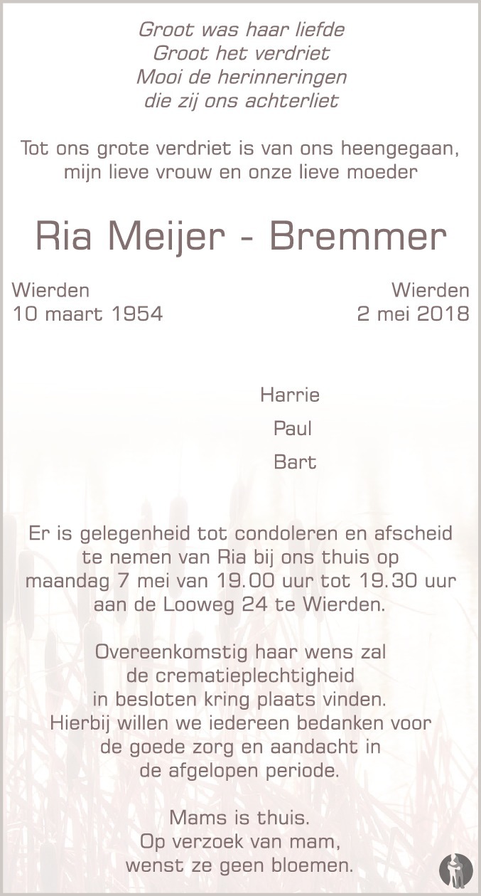 Ria Meijer Bremmer 02052018 overlijdensbericht en condoleances