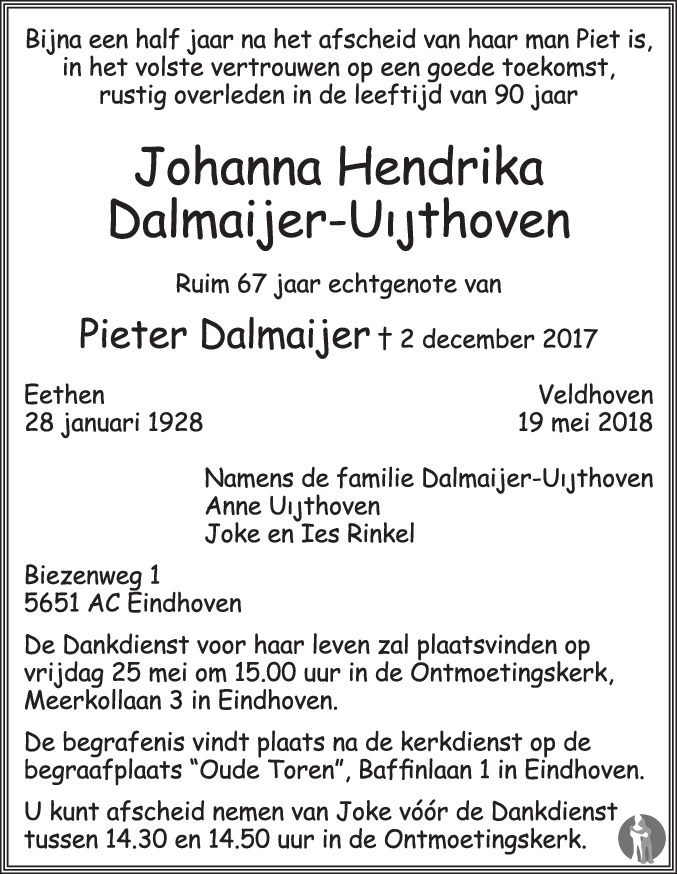 Overlijdensbericht van Johanna Hendrika Dalmeijer - Uijthoven in Eindhovens Dagblad
