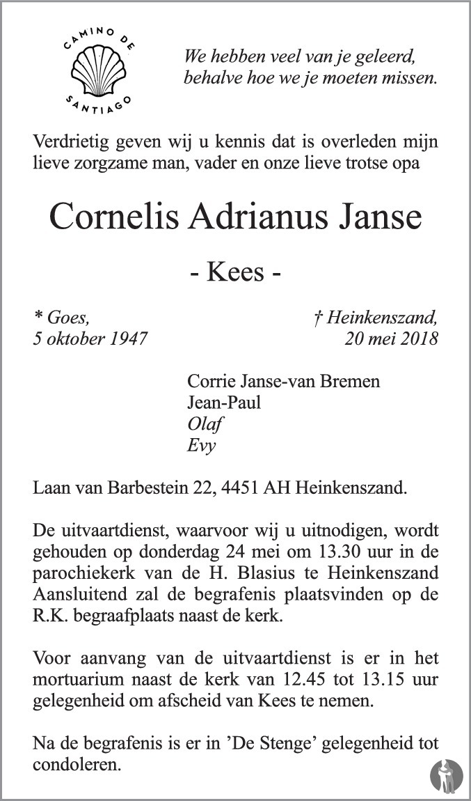 Overlijdensbericht van Cornelis Adrianus (Kees) Janse in PZC Provinciale Zeeuwse Courant