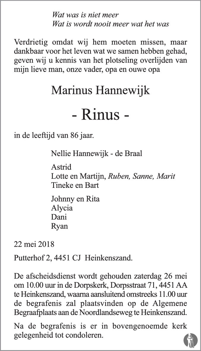 Overlijdensbericht van Marinus (Rinus) Hannewijk in PZC Provinciale Zeeuwse Courant