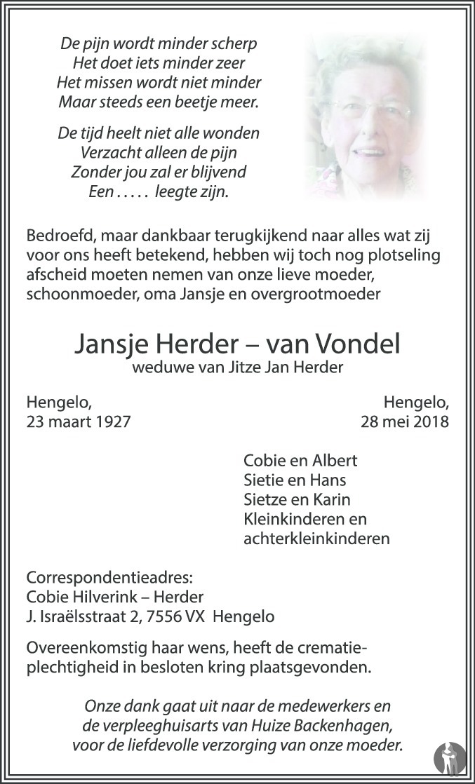 Jansje Herder van Vondel 28052018 overlijdensbericht
