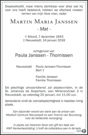 rekenkundig nogmaals gordijn Martin Maria (Mat) Janssen | Mensenlinq.nl - de Weekkrant | Overlijden,  nieuws, condoleances en familieberichten