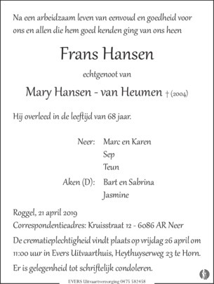Frans Hansen | Mensenlinq.nl - de Weekkrant | Overlijden, nieuws, condoleances en