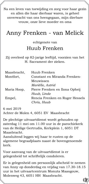 Manuscript geloof baas Anny Frenken - van Melick | Mensenlinq.nl - de Weekkrant | Overlijden,  nieuws, condoleances en familieberichten