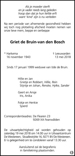 Over het algemeen puzzel terugvallen Griet de Bruin - van den Bosch | Mensenlinq.nl - de Weekkrant | Overlijden,  nieuws, condoleances en familieberichten