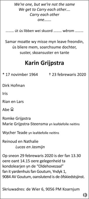 overlijdensbericht van Karin Grijpstra