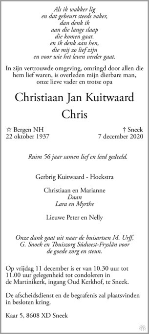 Christiaan Jan Chris Kuitwaard Mensenlinq Nl De Weekkrant Overlijden Nieuws Condoleances En Familieberichten